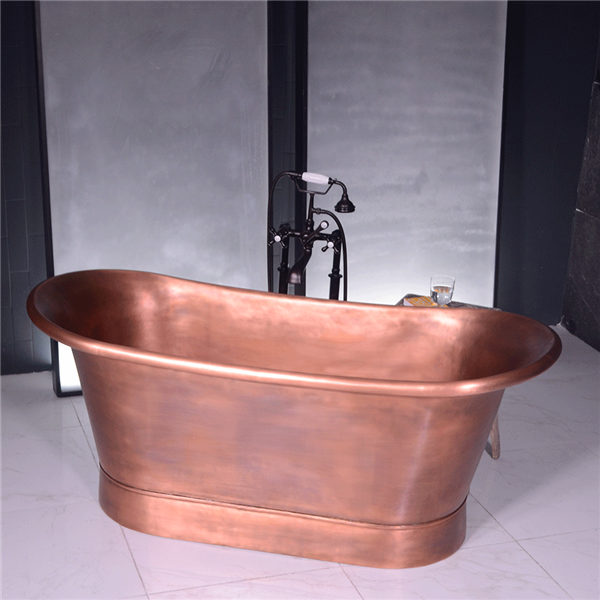 Fifty Nine Inch French Bateau Copper Jetted Bathtub with a Lightly Aged Exterior