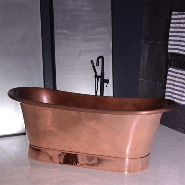 Fifty Nine Inch French Bateau Copper Jetted Bathtub with Polished Exterior