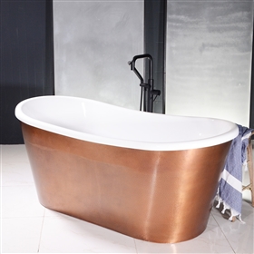 SanSiro 'Toulon59HASoakr' 59" Combination Hammered Aged Solid Copper Exterior French Bateau Bathtub with Thick CoreAcryl Acrylic Interior