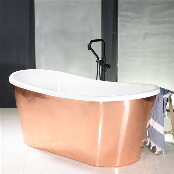 SanSiro 'Toulon59PCSoaker' 59" x 32.5" Mirror Polished Copper Exterior French Bateau Bathtub with Thick CoreAcryl Acrylic Interior