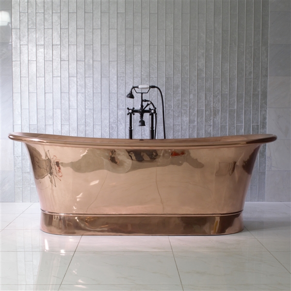 Seventy Nine Inch French Bateau Copper Jetted Bathtub with Mirror Polished Exterior