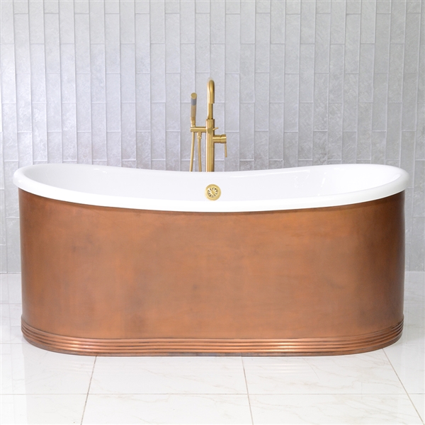 SanSiro Aquitaine A59LA 59 Inch Heated Air Jetted Lightly  Aged Copper Shell French Bateau  Bathtub with Thick CoreAcryl  Acrylic Interior Plus Drain
