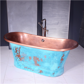 Fifty Nine Inch French Bateau Jetted Copper Bathtub with Verdigris Exterior