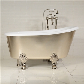 DESIGNER COLLECTION 'Athena-USLCL54' 54" WHITE CoreAcryl Acrylic Swedish Slipper Clawfoot Tub Package with an Umber Washed Silver Leaf Exterior