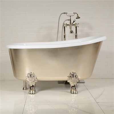 DESIGNER COLLECTION 'Athena-USLCL54' 54" WHITE CoreAcryl Acrylic Swedish Slipper Clawfoot Tub Package with an Umber Washed Silver Leaf Exterior