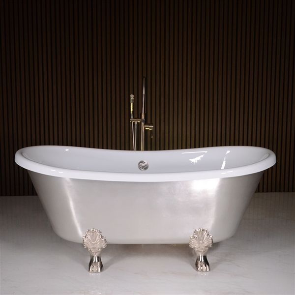 Standard Wide  Simona59 59" CoreAcryl WHITE Acrylic French Bateau Clawfoot Tub with Umber Wash Silver Leaf Exterior