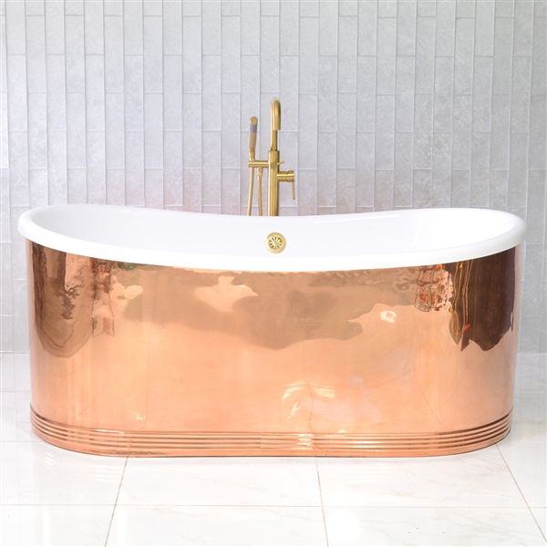 SanSiro Biarritz S59POL 59 Inch Hydro-Spa Jetted Mirror Polished Copper Shell French Bateau Bathtub with Thick CoreAcryl Acrylic Interior Plus Drain