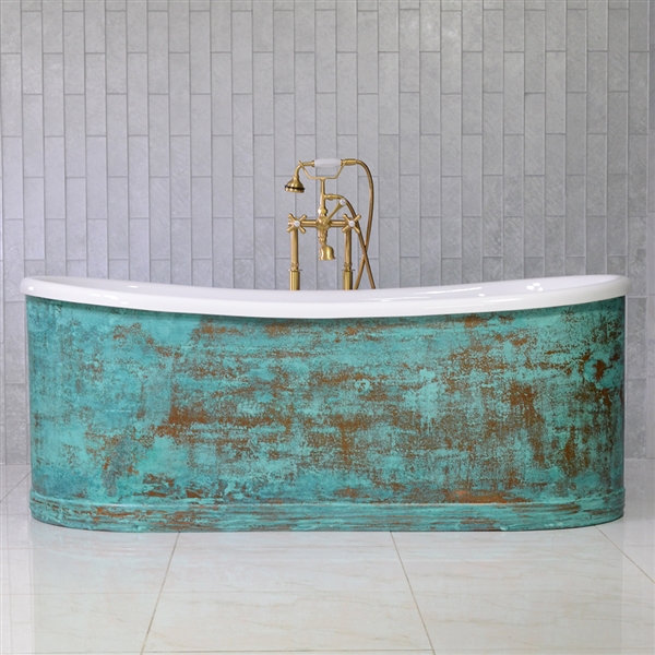 SanSiro Biarritz S73VG 73 Inch Hydro-Spa Jetted Verdigris Aged Copper Shell French Bateau Bathtub with Thick CoreAcryl Acrylic Interior Plus Drain