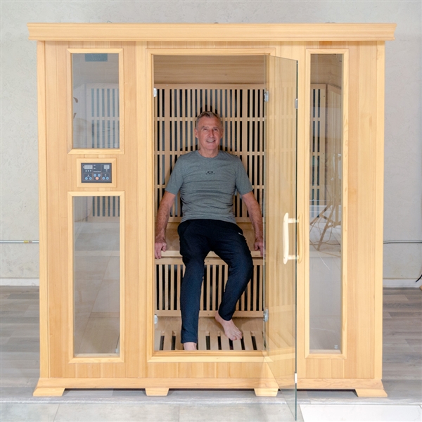 'P-04' Four-Person Indoor Infrared Sauna Hemlock Wood with Tempered Glass Front and Door