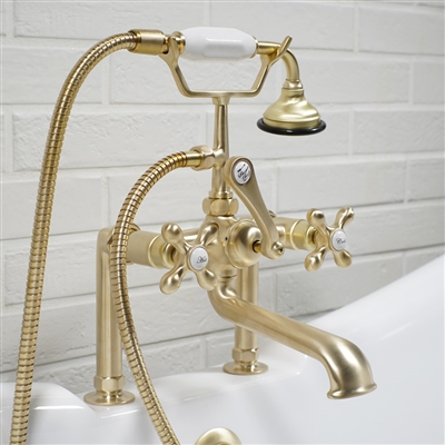 Deck mounted Victoriana vintage tub filler with specialty Brushed Brass living finish