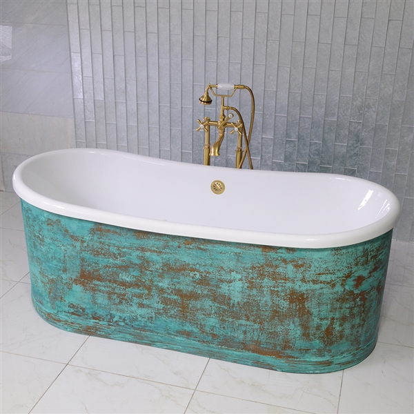 SanSiro W59VG 59" Water Jetted Verdigris Copper Shell French Bateau  Bathtub with Thick CoreAcryl  Acrylic Interior plus Darin