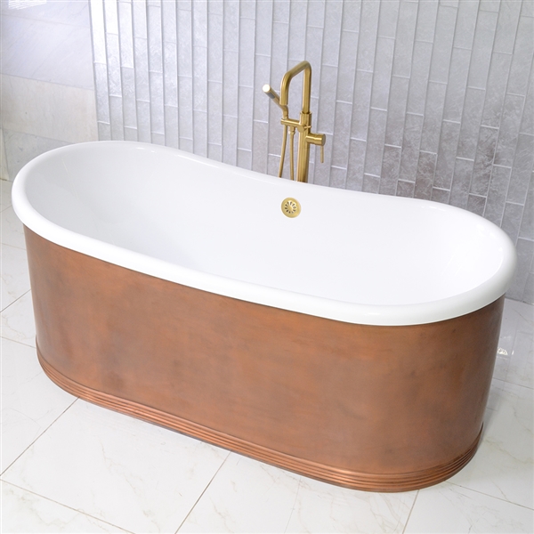 SanSiro W67LA 67 Inch Water Jetted Lightly Aged Copper Shell French Bateau  Bathtub with Thick CoreAcryl  Acrylic Interior Plus Drain