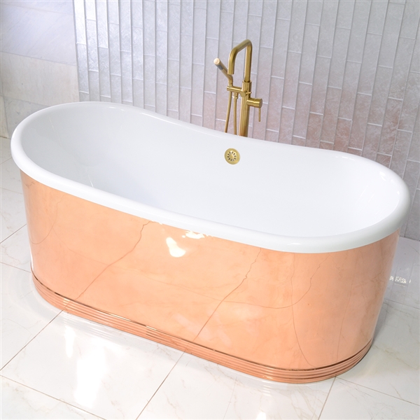 SanSiro Marseille W67POL 67 Inch Water Jetted Mirror Polished Copper Shell French Bateau  Bathtub with Thick CoreAcryl  Acrylic Interior Plus Drain