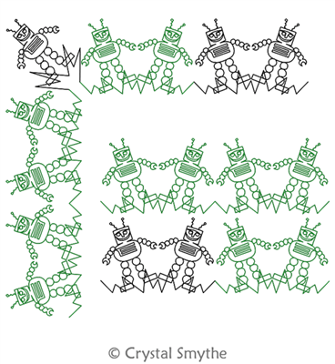 Robots Border and Corner by Crystal Smythe. This image demonstrates how this computerized pattern will stitch out once loaded on your robotic quilting system. A full page pdf is included with the design download.