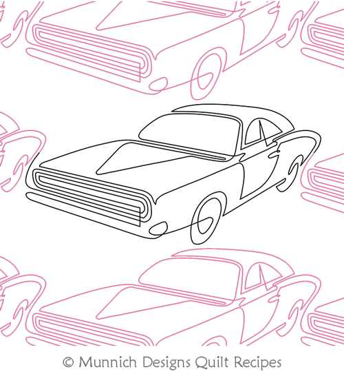 Cars 1 Muscle 9 by Munnich Designs Quilt Recipes. This image demonstrates how this computerized pattern will stitch out once loaded on your robotic quilting system. A full page pdf is included with the design download.