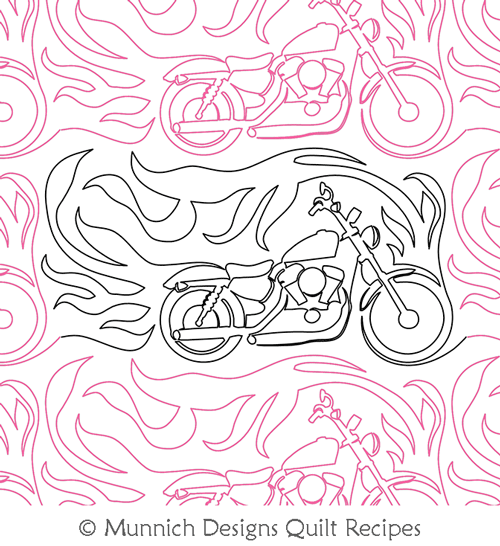 Flaming Motorcycle 2 by Munnich Designs Quilt Recipes. This image demonstrates how this computerized pattern will stitch out once loaded on your robotic quilting system. A full page pdf is included with the design download.
