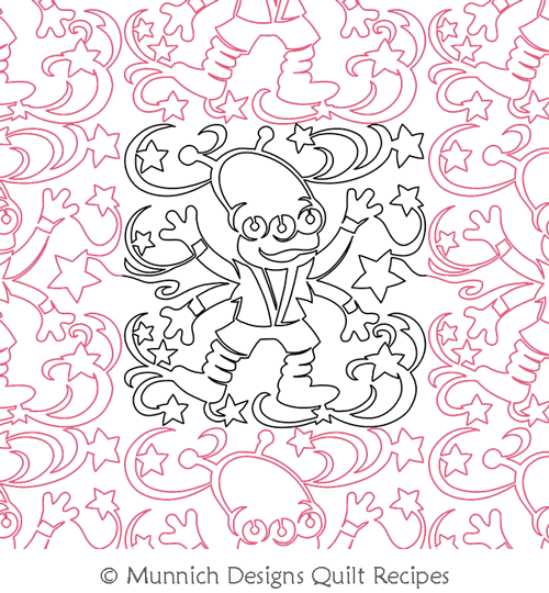 Space Capades Alien 1 by Munnich Designs Quilt Recipes. This image demonstrates how this computerized pattern will stitch out once loaded on your robotic quilting system. A full page pdf is included with the design download.