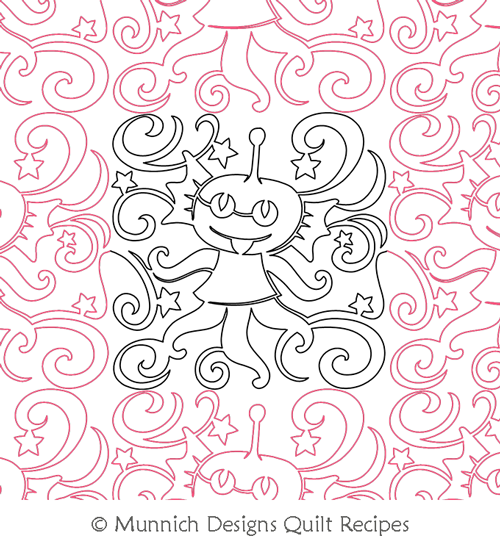 Space Capades Alien 2 by Munnich Designs Quilt Recipes. This image demonstrates how this computerized pattern will stitch out once loaded on your robotic quilting system. A full page pdf is included with the design download.