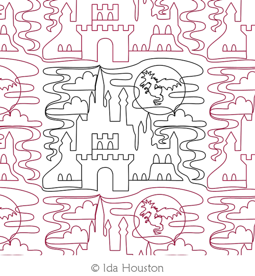 Castles in the Mist with Dragon E2E by Ida Houston. This image demonstrates how this computerized pattern will stitch out once loaded on your robotic quilting system. A full page pdf is included with the design download.