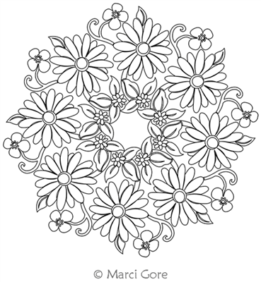 Scattered Daisies Wreath 8 by Marci Gore. This image demonstrates how this computerized pattern will stitch out once loaded on your robotic quilting system. A full page pdf is included with the design download.