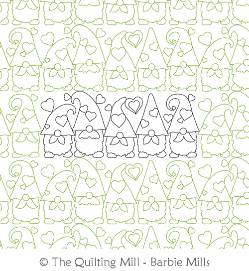 Valentine Gnomes by The Quilting Mill. This image demonstrates how this computerized pattern will stitch out once loaded on your robotic quilting system. A full page pdf is included with the design download.