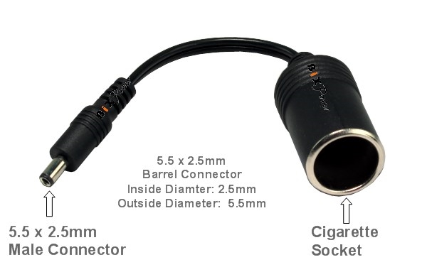 Cigarette Lighter Female Socket to 5.5mm x 2.5mm Male Connector