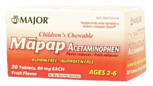 Major Pharmaceuticals 006500, MAJOR ANALGESIC - CHILDRENS Mapap, 80mg, Chewable Fruit Tablets, 30s, Compare to Tylenol Fruit Chew, NDC# 00904-5256-46, EA