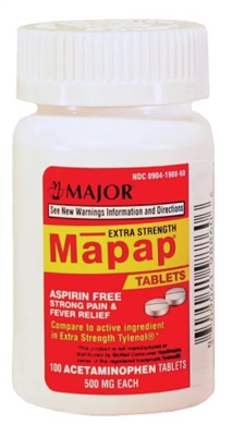 Major Pharmaceuticals 253617, MAJOR ANALGESIC TABLETS Mapap, 500mg, Unboxed, 100s, Compare to Tylenol, NDC# 00904-6730-60, EA