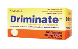 Major Pharmaceuticals 700621, MAJOR MOTION SICKNESS RELIEF Driminate, 50mg, 100s, Tablets, Compare to Dramamine, NDC# 00904-2051-59, EA