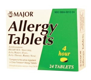 Major Pharmaceuticals 700790, MAJOR ALLERGY TABLETS Allergy Tablets, 4mg, 24s, Compare to Chlor-Trimeton Tabs, NDC# 00904-0012-24, EA
