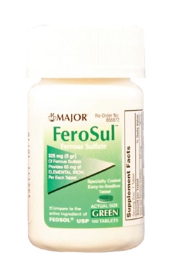 Major Pharmaceuticals 866871, MAJOR IRON SUPPLEMENT Ferosul, 5gr, Film Coated, Green Tablets, 100s, Compare to Feosol, NDC# 00904-7591-60, EA