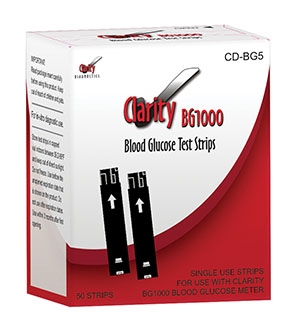 Clarity Diagnostics, LLC CD-BG5, CLARITY DIAGNOSTICS GLUCOSE Clarity BG1000 Blood Glucose Meter Strips, 50/bx, BX