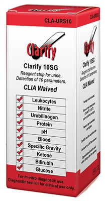 Clarity Diagnostics, LLC CLA-URS10, CLARITY DIAGNOSTICS URINALYSIS Clarify Urine Reagent Strips, 10SG, CLIA Waived, Visual Read Only, Tests for: Leukocytes, Nitrite, Urobilinogen, Protein, pH, Blood, Specific Gravity, Ketone, Bilirubin, & Glucose, 100 str