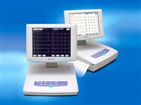 Nihon Kohden ECG-1500, Cardiofax V Data are easily read on the swivelling 12.1" TFT-LCD display with touchscreen, which can be set to an ideal angle even during patient treatment. The trace display and printout use the same size format.