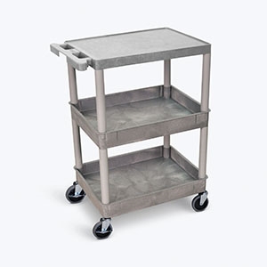 Luxor STC211-G, LUXOR FLAT TOP UTILITY CARTS Utility Cart, Flat Top, Middle/Bottom Tub Shelves (2.75" Deep each), Gray, 24"W x 18"D x 36.5"H, with (4) 4" Heavy Duty Casters (2 with Locking Brakes), Maximum Weight Capacit