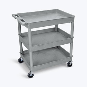 Luxor TC111-B, LUXOR 3 SHELF TUB CART Tub Cart, Three Shelves (2.75" Deep each), Black, 32"W x 24"D x 37.25"H, with (4) 4" Heavy Duty Casters (2 with Locking Brakes), Maximum Weight Capacity 400lbs, Assembly Required (DR