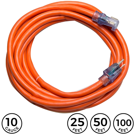 <!010>Extension Cord - Pro Style #10 - Orange - Lighted Ends - 25 Ft