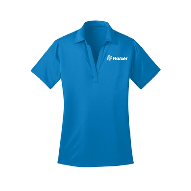 Blue Ladies polo embroidered with white Holzer logo