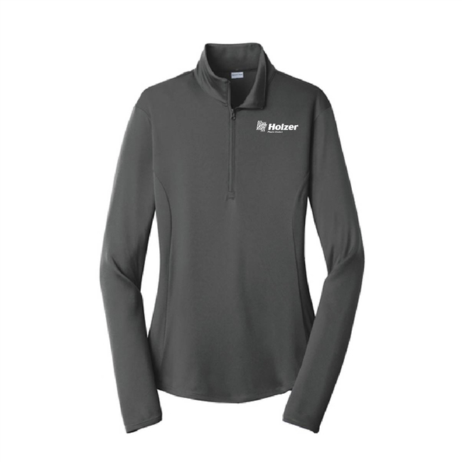 Ladies 1/4-Zip Pullover in Iron Grey with white Holzer logo imprint