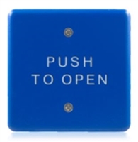 10PBS45B - 4.5in. Square "BLUE" Stainless Steel Push Plate Assy. - w/"White 'Push to Open' Text" - (BEA)