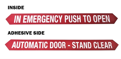 19-24-001 - "In Emergency Push To Open / Automatic Door - Stand Clear" - 1 3/4"H x 16 3/4"W - (Two Sided) - ANSI 156.10 COMPLIANT - (Decal)
