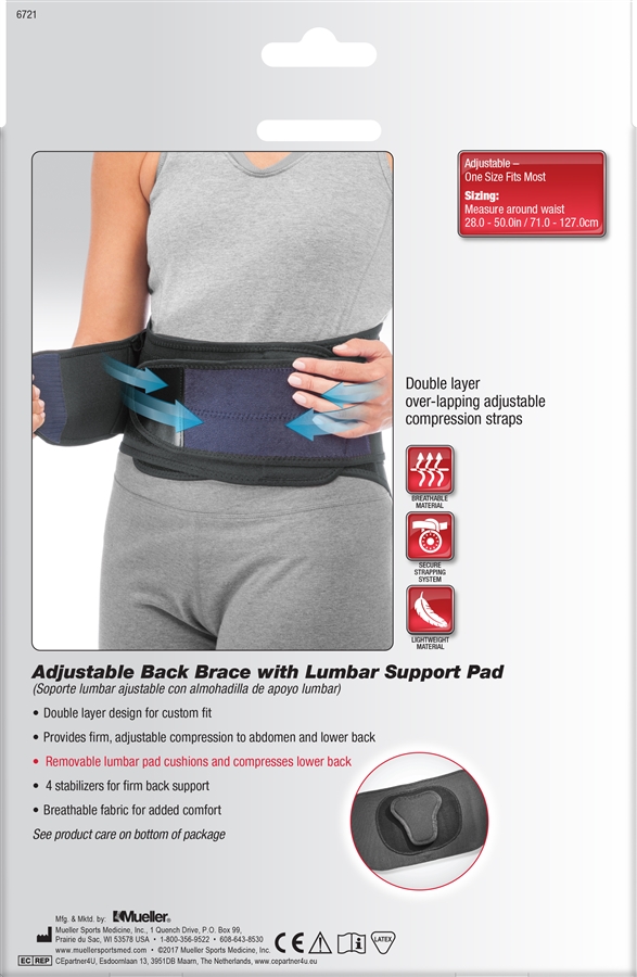 Mueller 255 Lumbar Support Back Brace with Removable Pad, Black, Regular