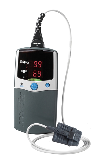 Handheld Nonin PalmSat 2500 Pulse Oximeter with Finger Clip Sensor