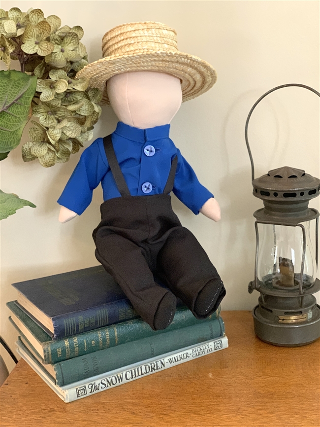Amish Made Boy Doll Dressed in Dark Blue