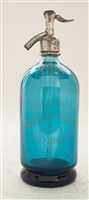 Blue Lithographed Vintage Seltzer Bottle | The Seltzer Shop | Colored Argentine seltzer bottle - vintage seltzer pendant light - wine chiller interior design elements