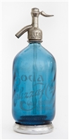 Blue Vintage Seltzer Bottle with Metal Foot | The Seltzer Shop | Colored Argentine seltzer bottle - vintage seltzer pendant light - wine chiller interior design elements