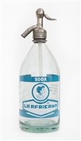 Vintage Graphic La Africana Blue Seltzer Bottle | The Seltzer Shop | Colored Argentine seltzer bottle - vintage seltzer pendant light - wine chiller interior design elements