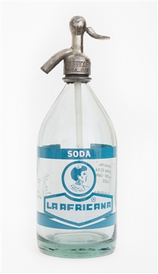 Vintage Graphic La Africana Blue Seltzer Bottle | The Seltzer Shop | Colored Argentine seltzer bottle - vintage seltzer pendant light - wine chiller interior design elements