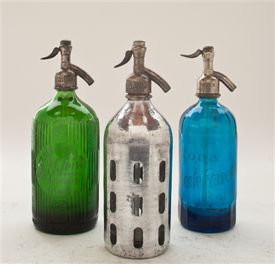 Collection V Vintage Seltzer Bottles | The Seltzer Shop | Colored Argentine seltzer bottle - vintage seltzer pendant light - wine chiller interior design elements