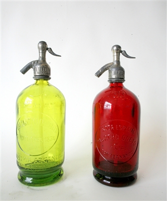 Collection XI Vintage Seltzer Bottles | The Seltzer Shop | Colored Argentine seltzer bottle - vintage seltzer pendant light - wine chiller interior design elements